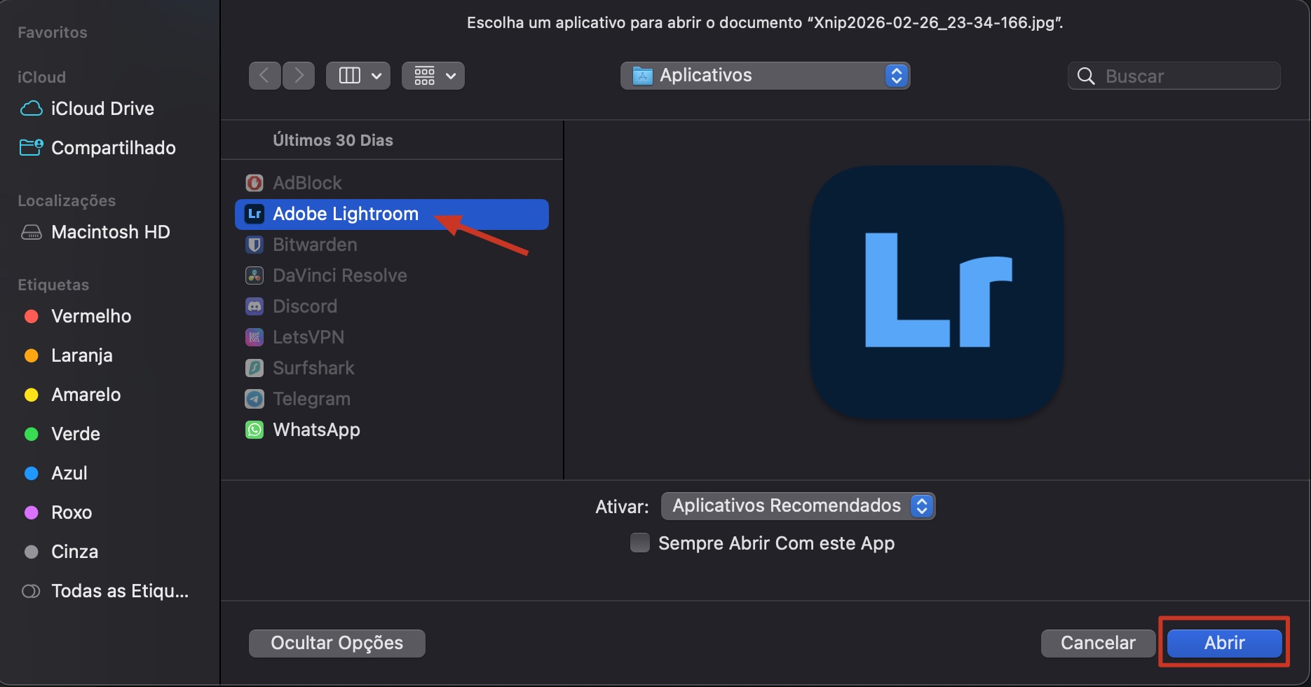 A janela para escolher um aplicativo diferente para abrir um arquivo no Mac. Se você está tentando corrigir arquivos corrompidos no Mac, clique com o botão direito no arquivo e veja se ele abre com outro aplicativo.