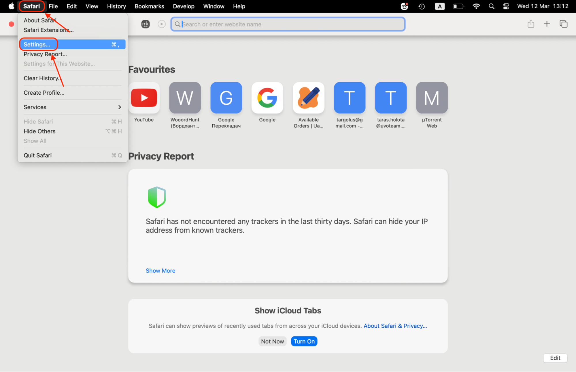 Open Safari and click on Settings to access and modify preferences for browsing and security features within the browser.