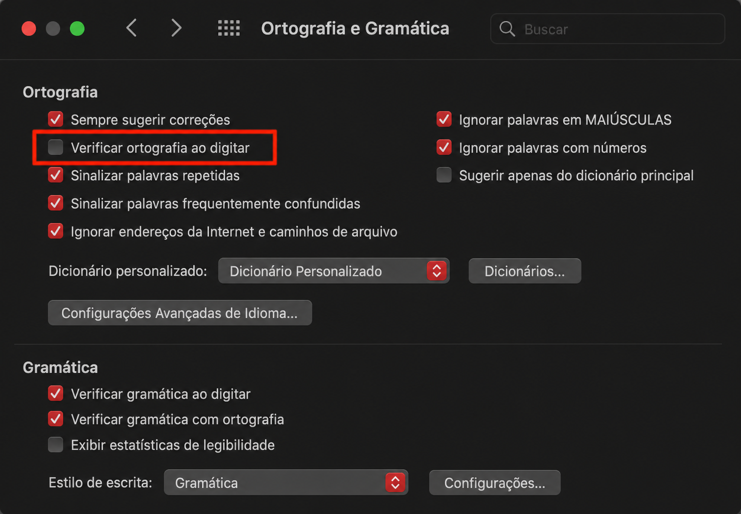 Na seção Ortografia e Gramática do Microsoft Word, na seção 'Ortografia', certifique-se de que 'Verificar ortografia ao digitar' esteja desativado.