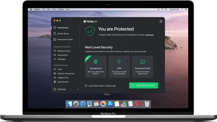 Open TotalAV on your Mac and review the home screen, where the main scan button and the disk cleanup tools sit side by side.