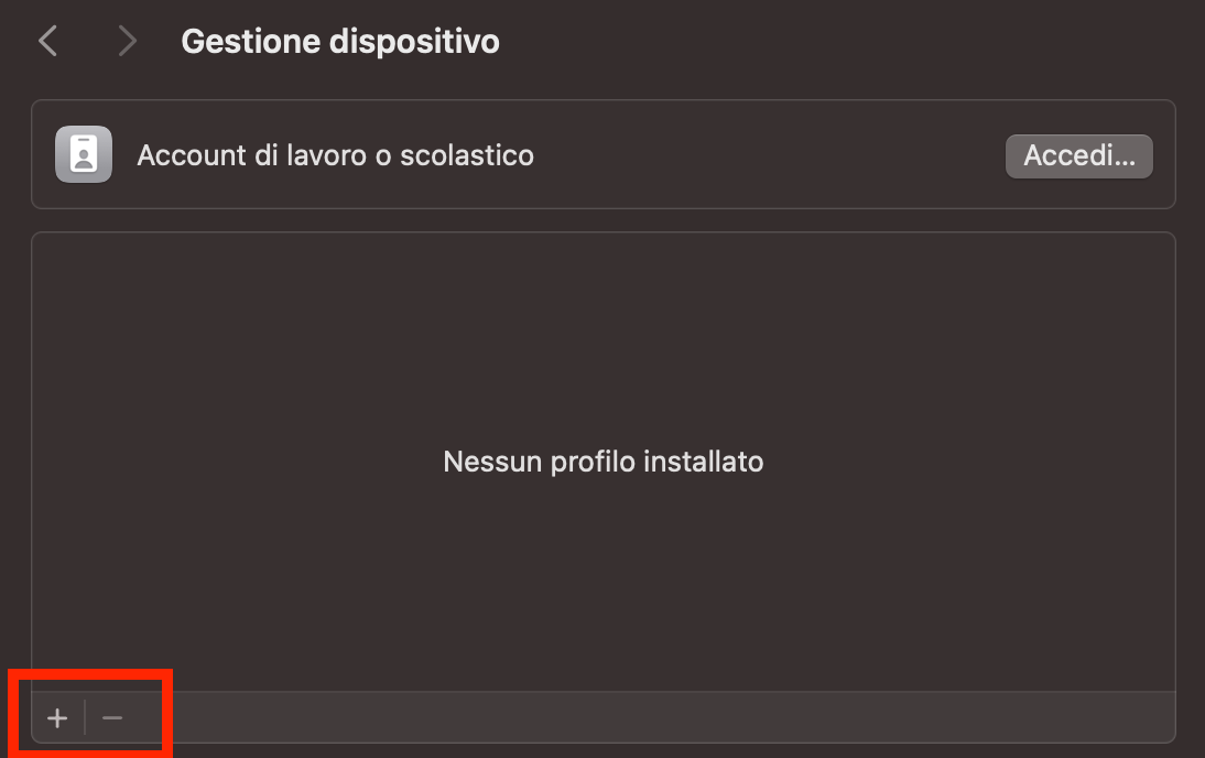 Impostazioni di Sistema su Mac che mostra il menu Gestione dispositivo. Seleziona i profili dannosi che non hai creato, poi clicca il pulsante – per rimuoverli.