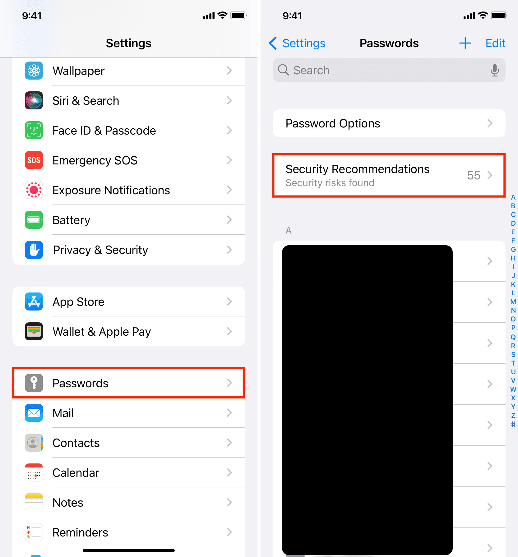 Open System Settings, go to Passwords > Security Recommendations, and enable Detect Compromised Passwords to receive alerts for vulnerable logins.
