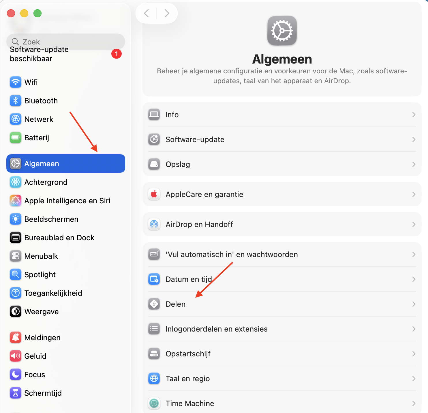 Systeeminstellingen op Mac met het menu Algemeen. Om Bluetooth-bestandsdeling te gebruiken om bestanden van de ene Mac naar de andere te kopiëren, klik je eerst op Delen om alle deelopties te bekijken.
