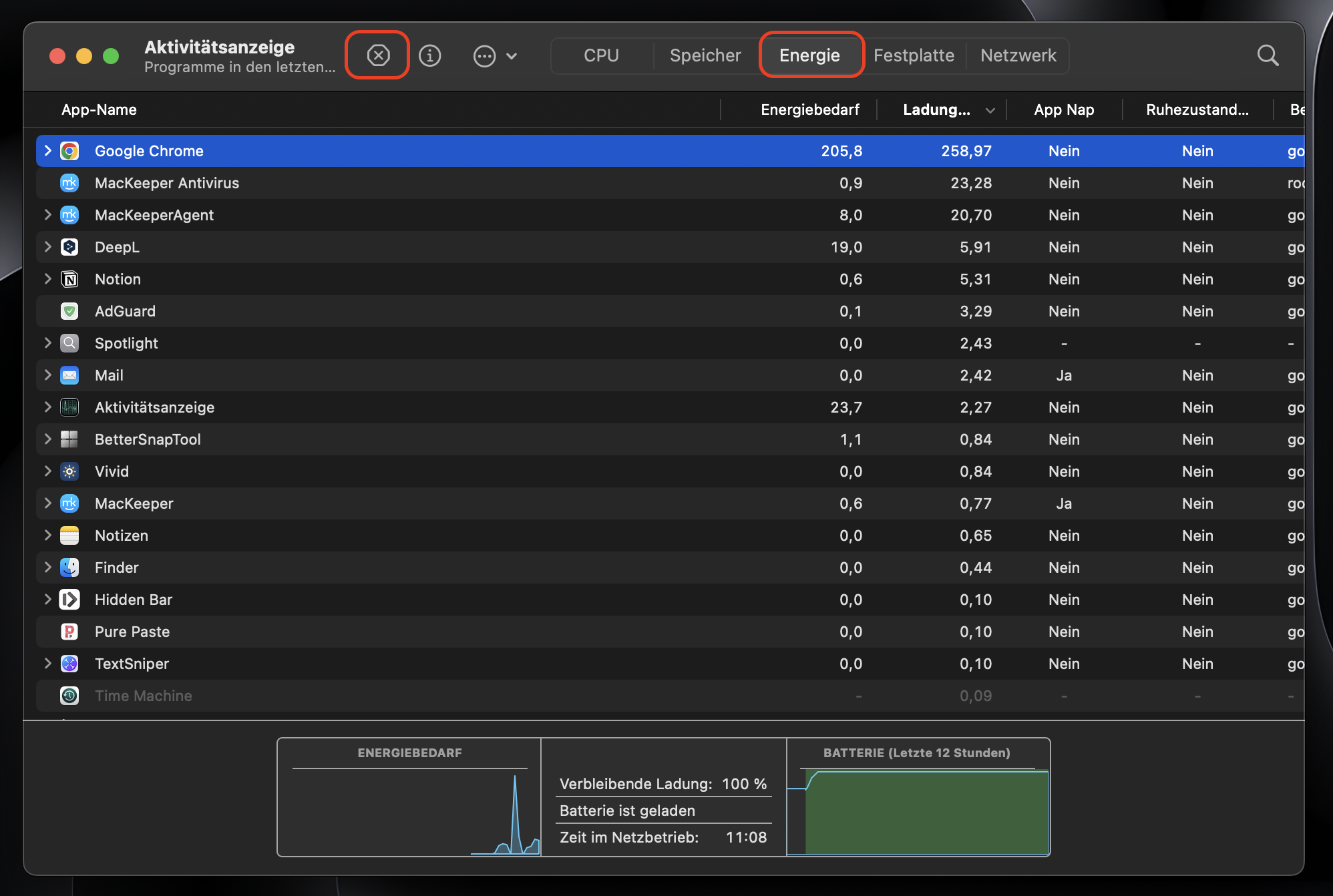 Markieren Sie Google Chrome auf der Registerkarte Energie und klicken Sie auf die Schaltfläche x.