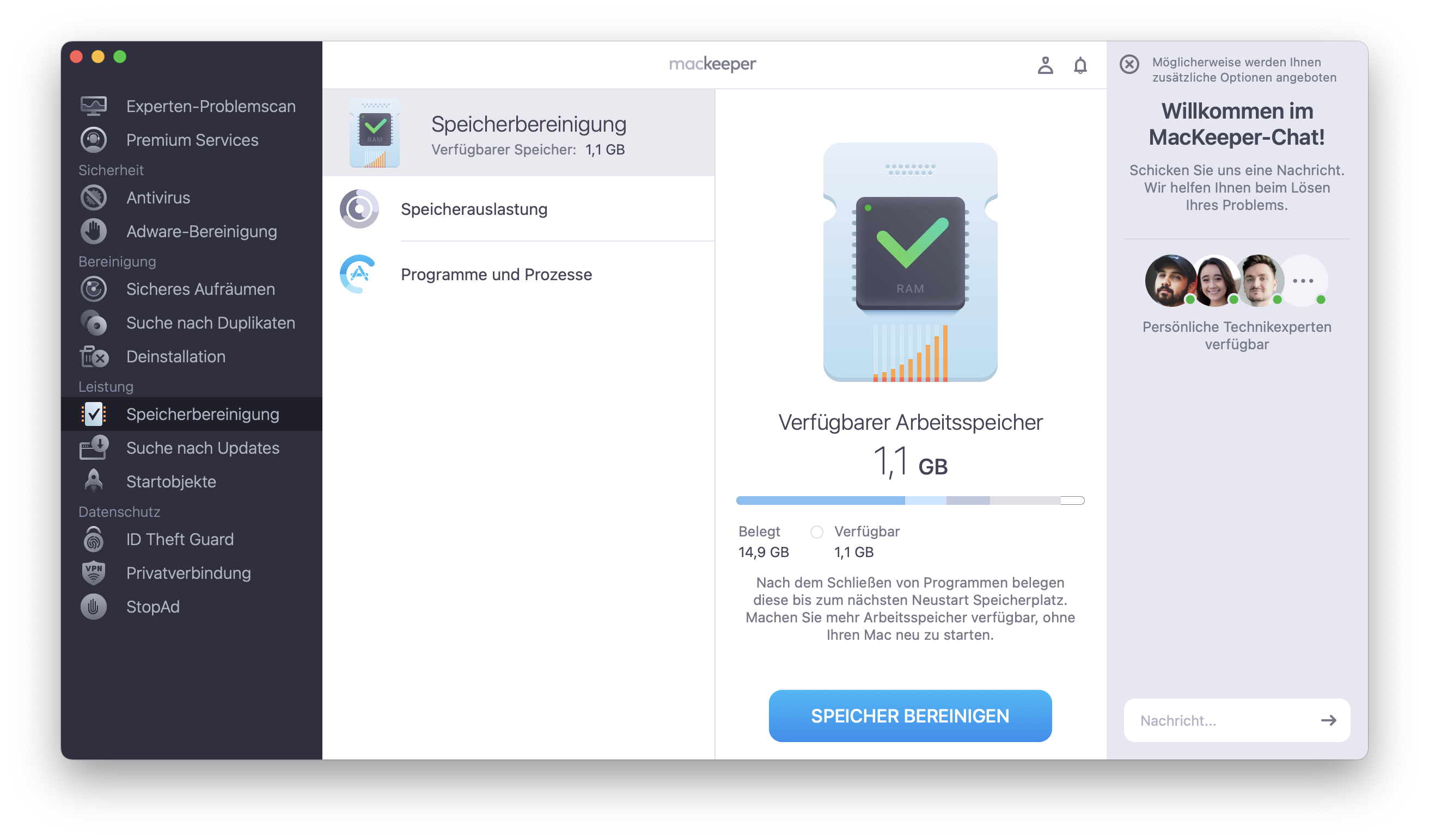 Starten Sie in Speicherbereinigung von MacKeeper einen Scan und warten Sie auf die Ergebnisse. Wählen Sie anschließend die zu beendenden Prozesse aus und klicken Sie auf Speicher bereinigen.