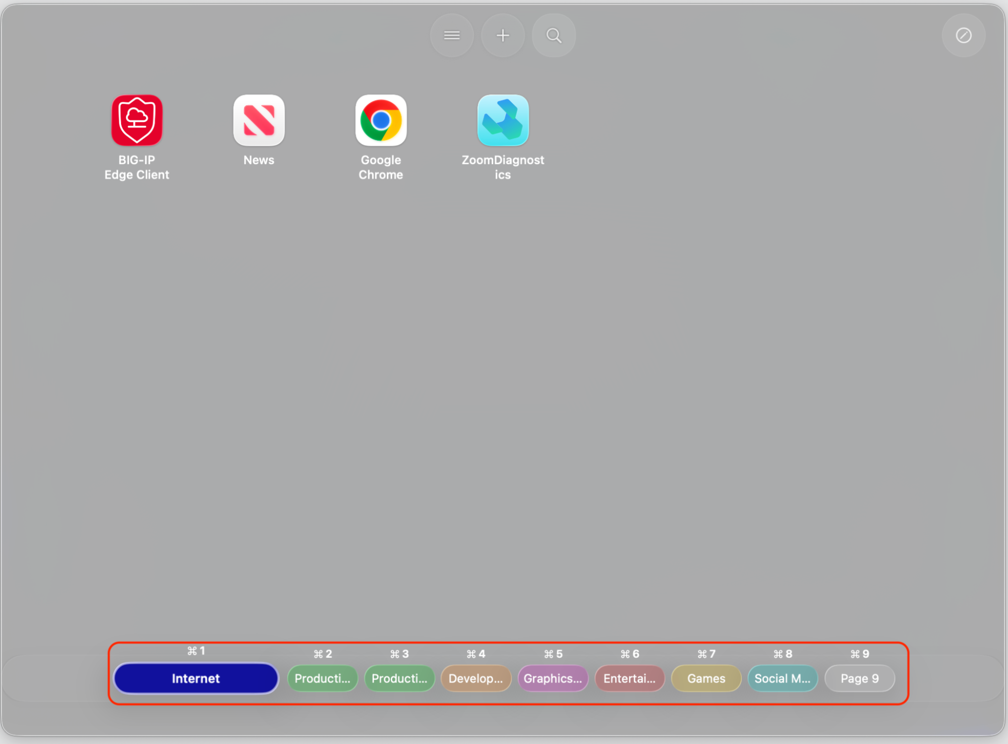 The AppGrid Launcher dashboard on macOS Tahoe showing predefined category tabs you can use for your Launchpad layout on an Apple device.