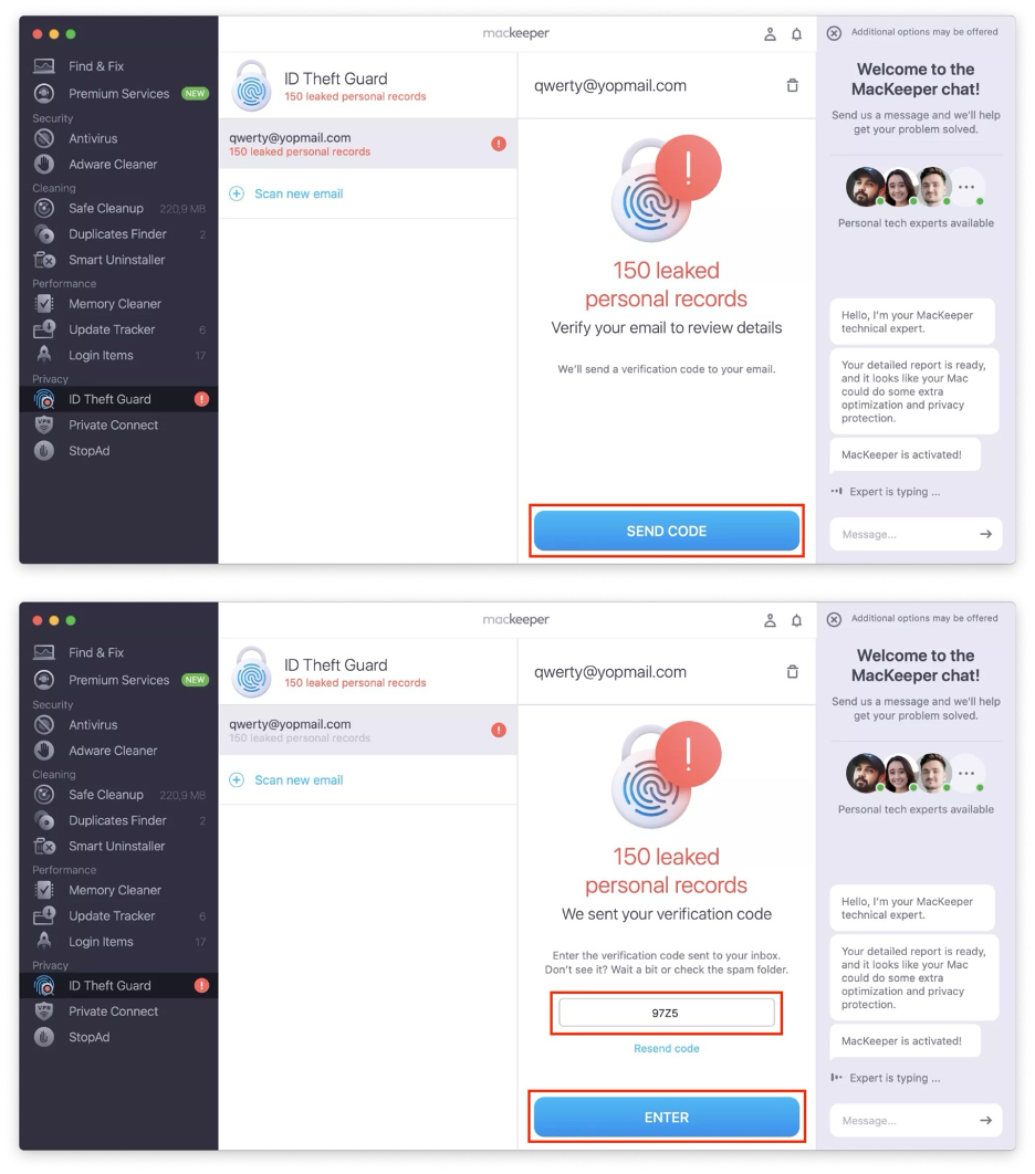 To verify your email, click Send Code, then copy and paste it in MacKeeper, and hit Enter.