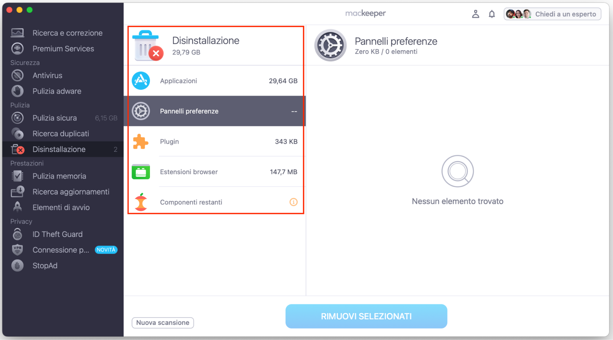 Seleziona e rimuovi i widget con la Disinstallazione.