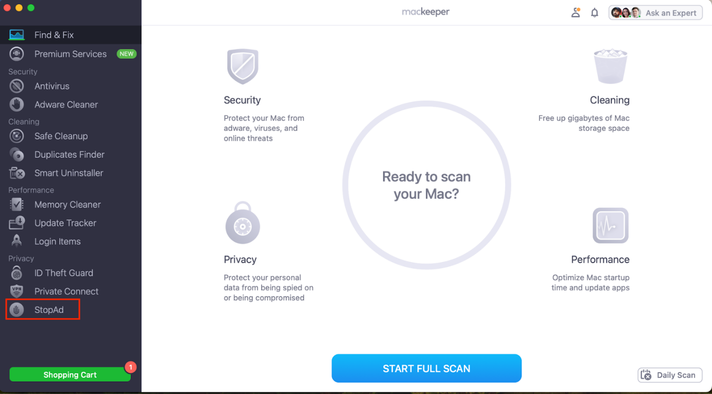 MacKeeper StopAd screen with options to enable Safari and install the Chrome extension, helpful after you add Chrome to Security and Privacy on Mac.