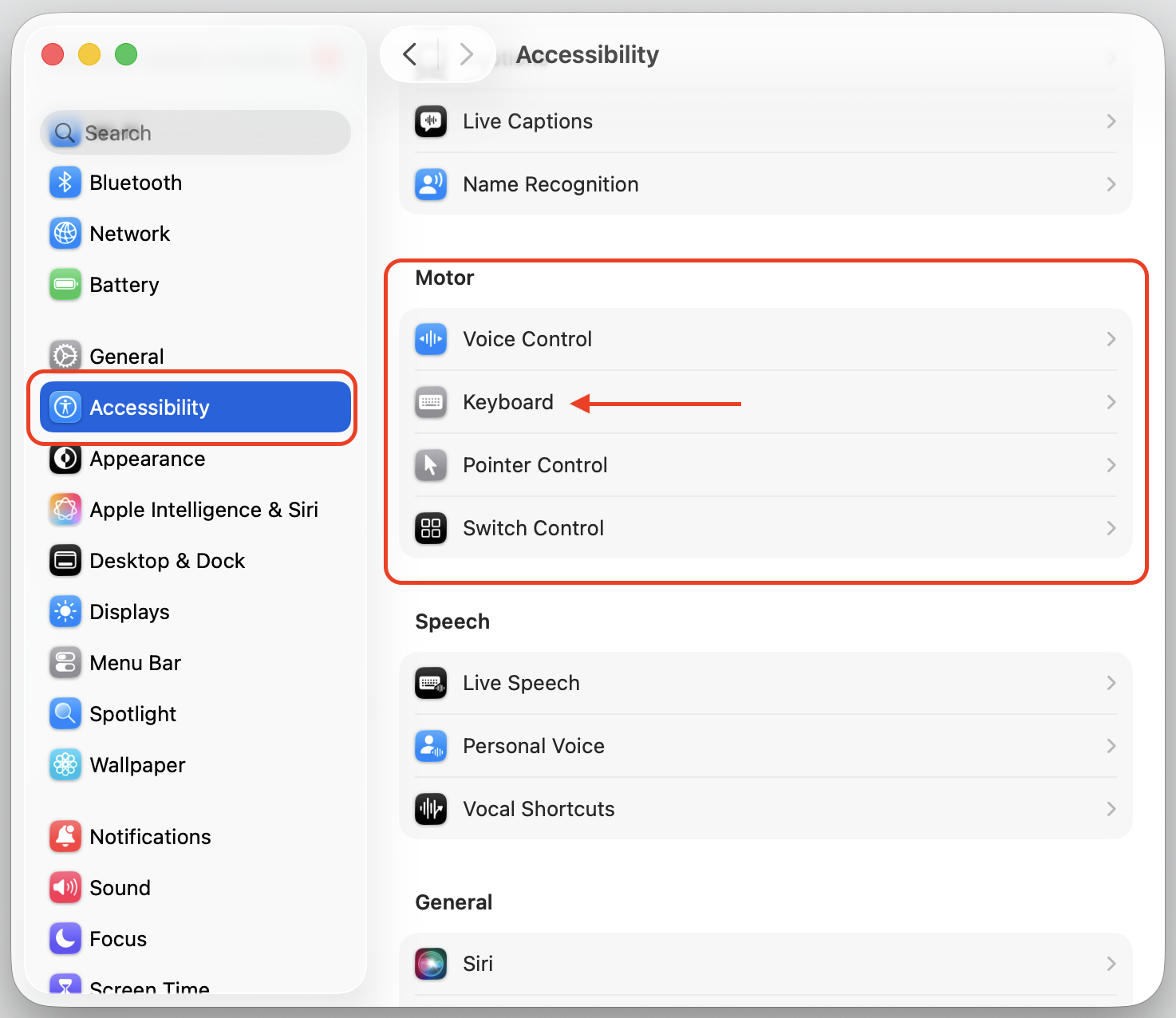 Accessibility settings in macOS System Settings on an iMac with the Motor section open and Keyboard selected to enable on-screen typing.