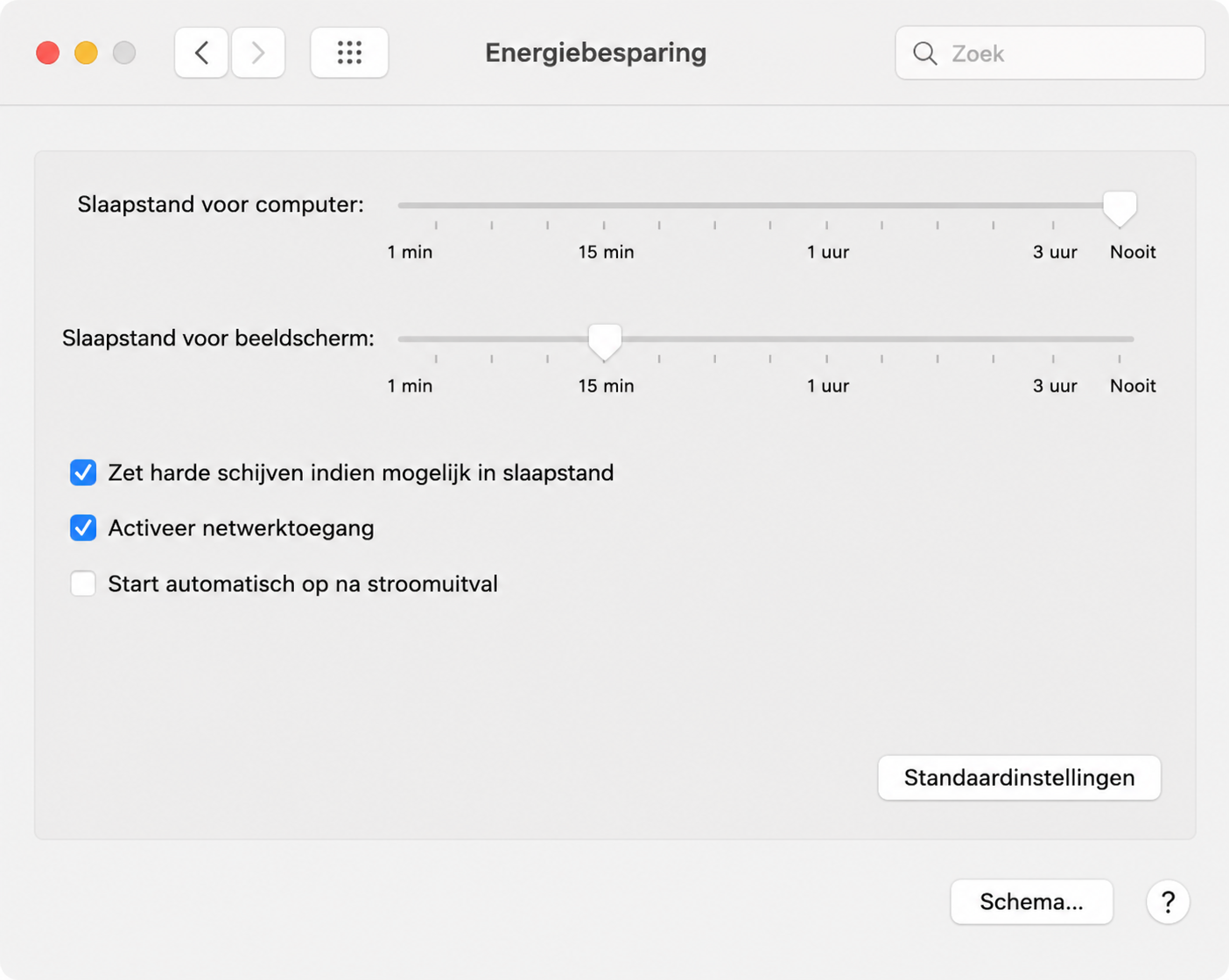 Gebruik in het gedeelte Energiebesparing van de Systeemvoorkeuren van je Mac de schuifregelaar naast 'Computer in slaapstand' en zet deze op 'Nooit'.
