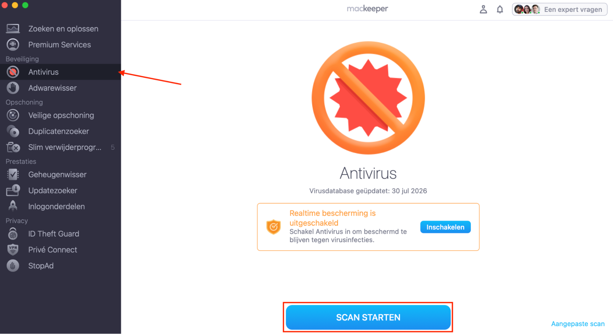 Kun je de map Apps niet vinden en vermoed je dat malware of een virus de oorzaak is? Voer dan een antivirusscan uit en verwijder eventuele bedreigingen. Open MacKeeper, selecteer Antivirus en klik op Scan starten.