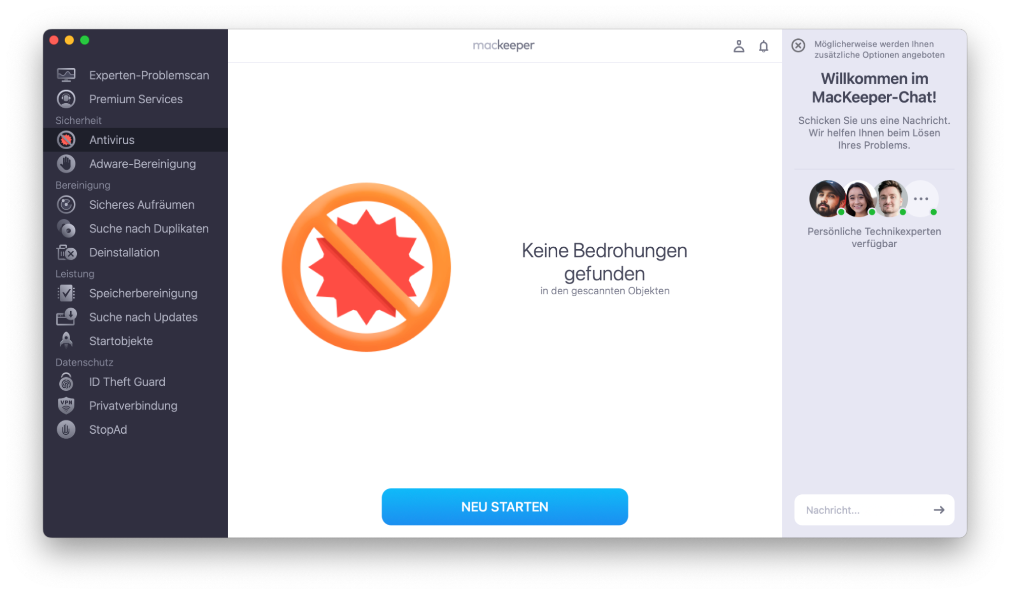 Antivirus von MacKeeper, nachdem ein Scan abgeschlossen wurde und keine Bedrohungen gefunden wurden. So führen Sie einen Virenscan durch, Teil einer Anleitung, wie man gefälschte McAfee-Pop-ups auf dem Mac blockieren kann.