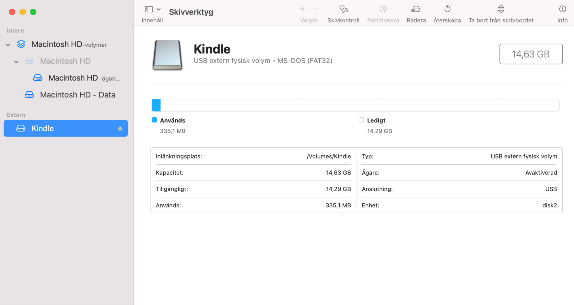 Använd listan i sidofältet för att hitta och välja din externa hårddisk. Här kan du se en lista med information, till exempel vilket format enheten använder.