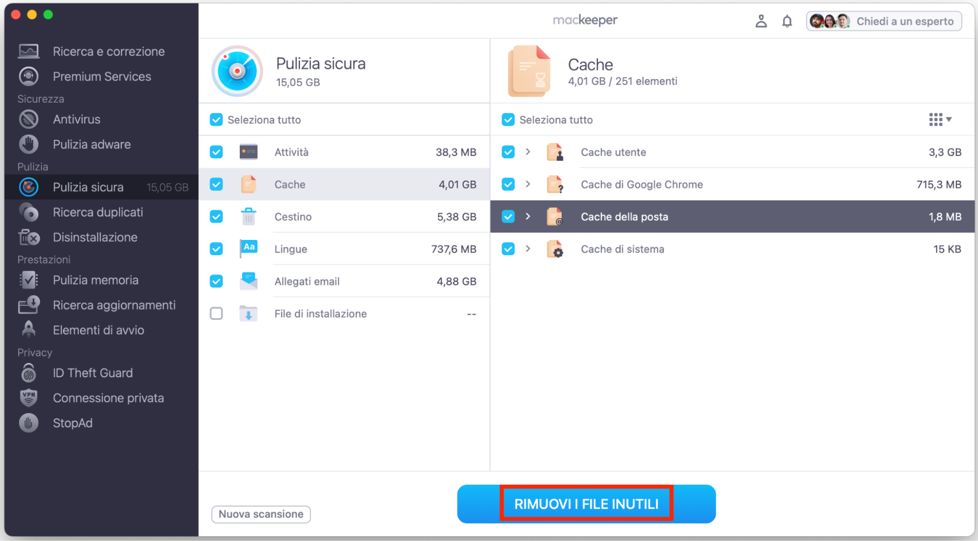 Pulizia Sicura di MacKeeper dopo una scansione. Cache di Mail è evidenziato, così come il pulsante Rimuovi i file inutili. Come eliminare la cache di Mail su Mac.