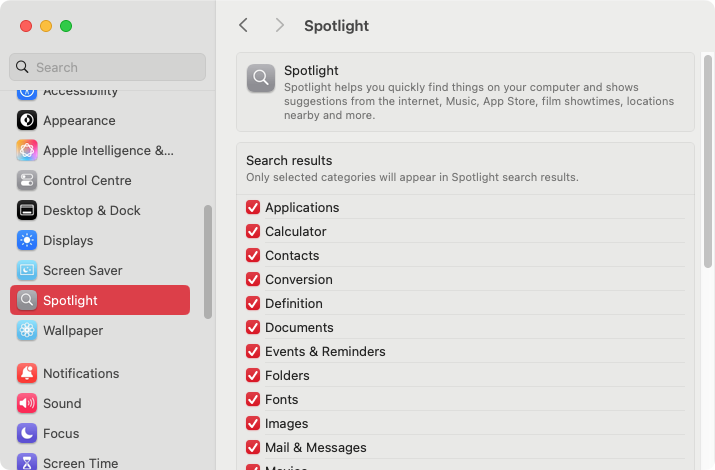 If Spotlight is taking a long time to index and it's slowing down your Mac, head into your System Settings, and try adjusting the search results.