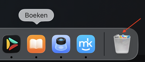 Het prullenmandpictogram aan het einde van het Dock op de Mac. Om de grootte van de prullenmand te controleren, klik je eerst op dit pictogram om de prullenmand te openen.