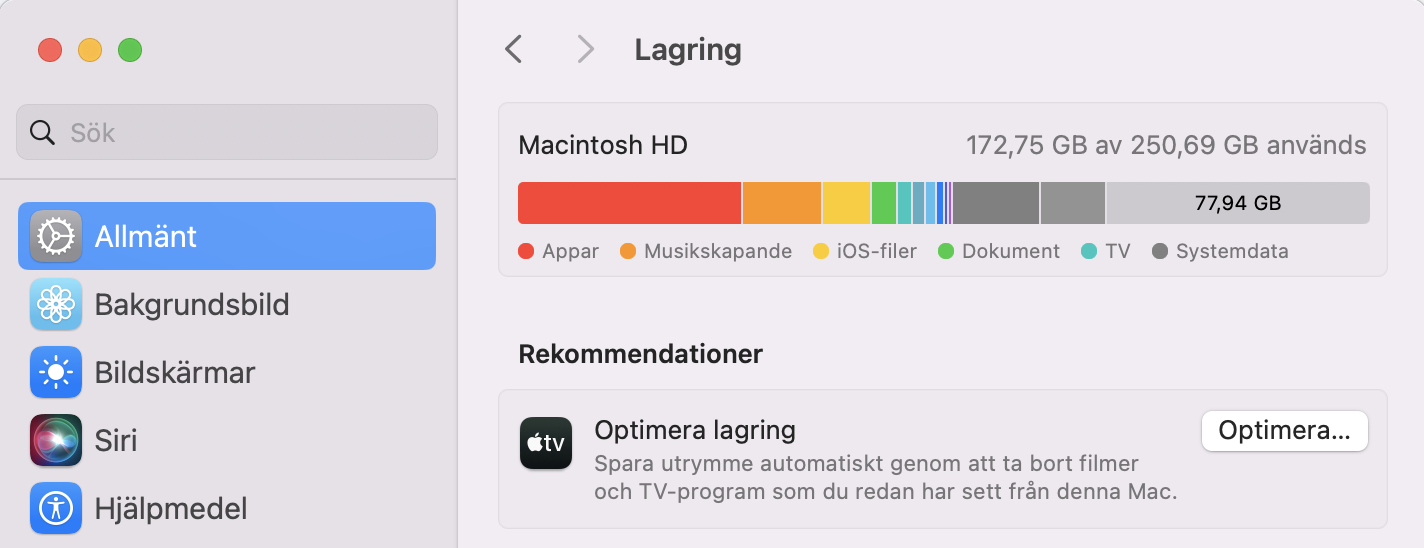 I fliken Lagring letar du efter Rekommendationer. Följ de anpassade råden för att hjälpa dig frigöra mer diskutrymme på din Mac och förbättra Photoshops stabilitet.
