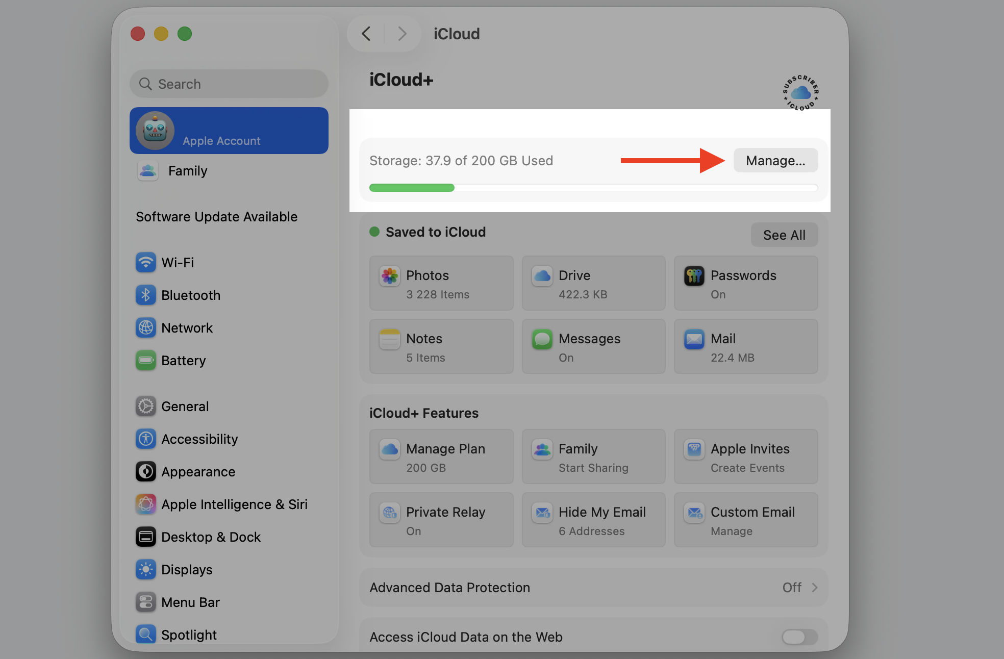 macOS System Settings iCloud pane on a MacBook, clicking Manage beside iCloud storage to reach old backups on your Apple computer.