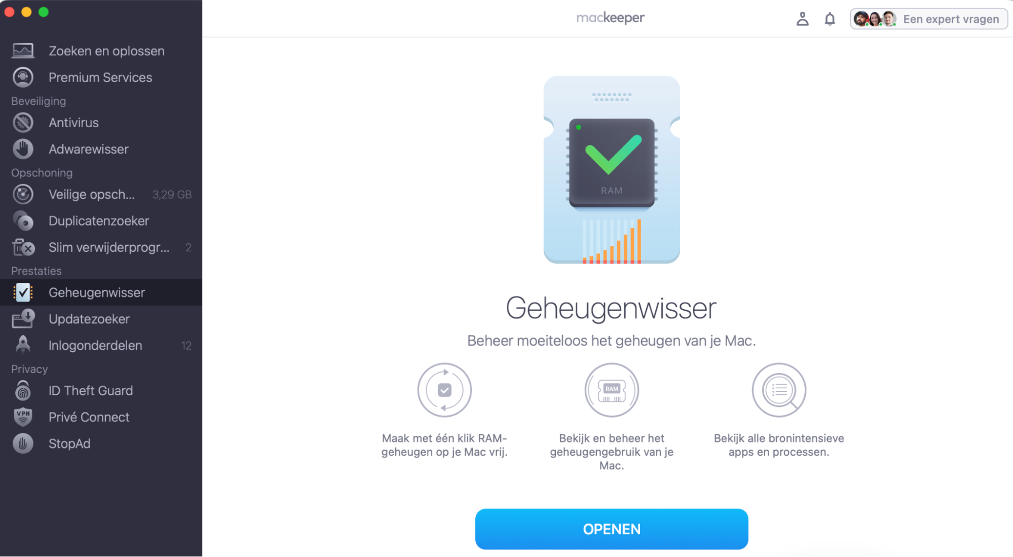 Om je Mac te versnellen met MacKeeper, open je de app, kies je Geheugenwisser in het zijmenu en klik je op Open.