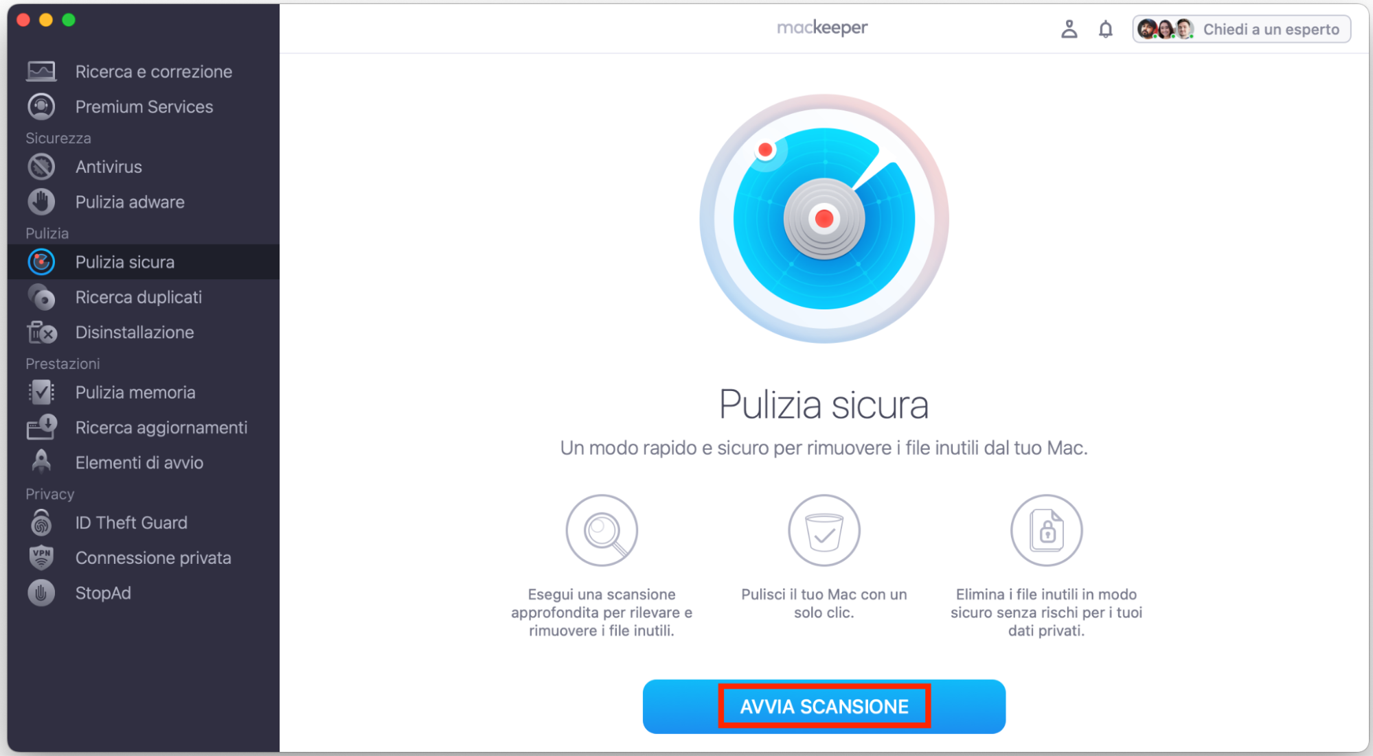 Schermata iniziale di Pulizia Sicura di MacKeeper con il pulsante Avvia Scansione evidenziato in basso. Come cancellare la cache di Mail su Mac con un pulitore per Mac.