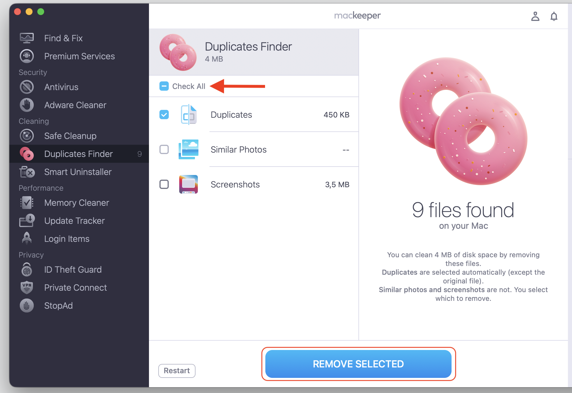 MacKeeper's Duplicates Finder results window on macOS, with Check All marked and the Remove Selected button ready to delete duplicate files.