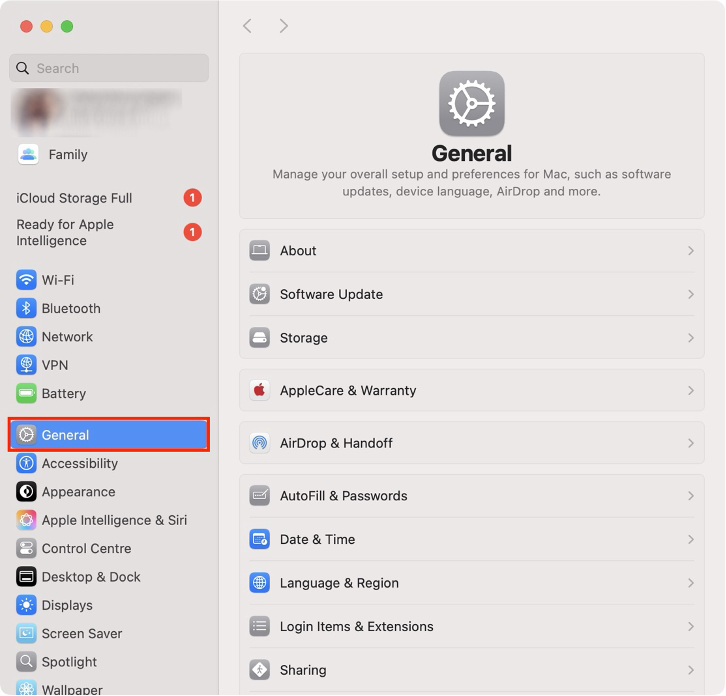 To see if any updates are available on your Mac and fix the privacy preferences issue, choose General from the left-side menu.