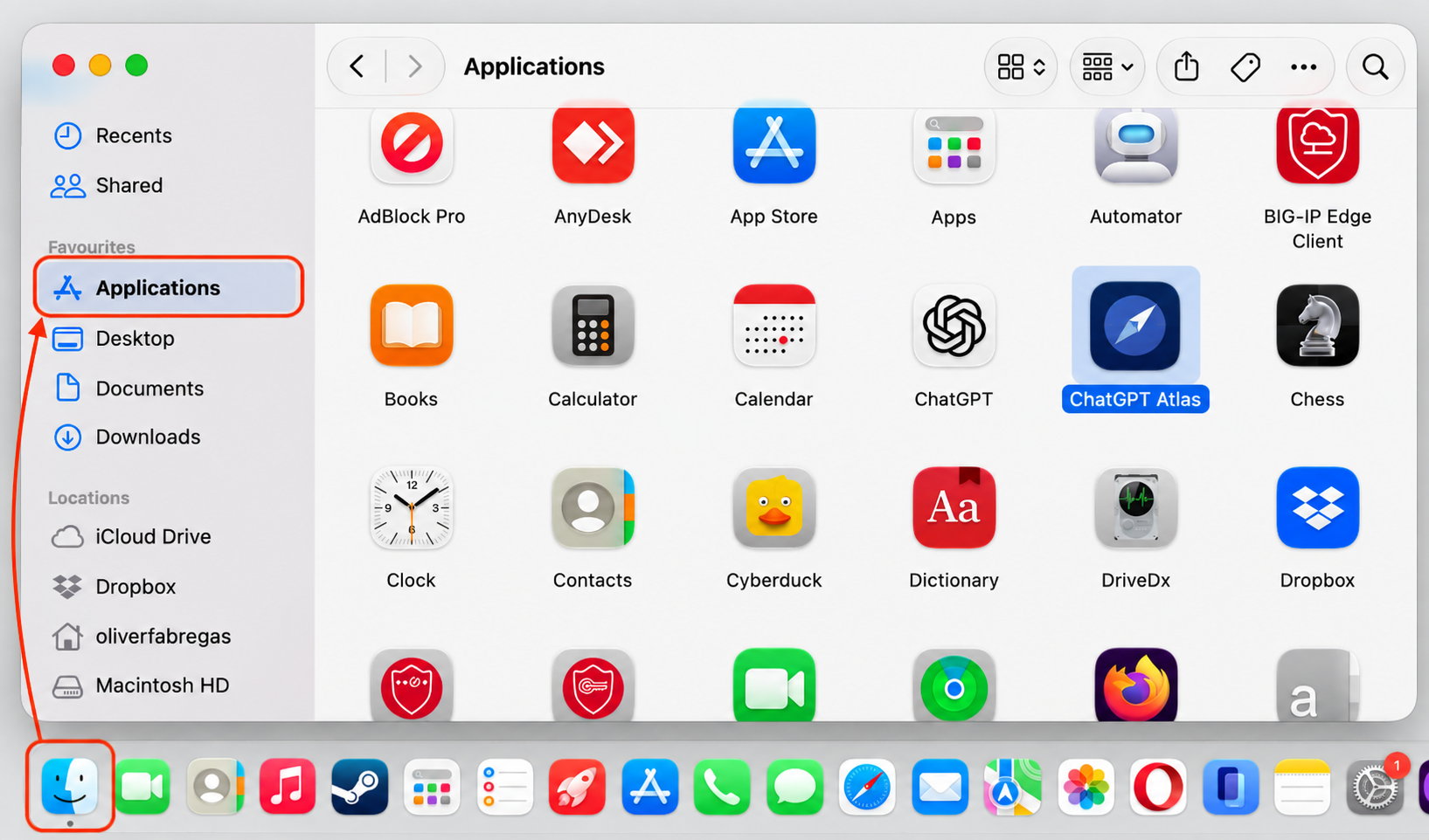 A Finder Applications window on an iMac with the ChatGPT Atlas icon selected, ready to be dragged to the Trash for removal.