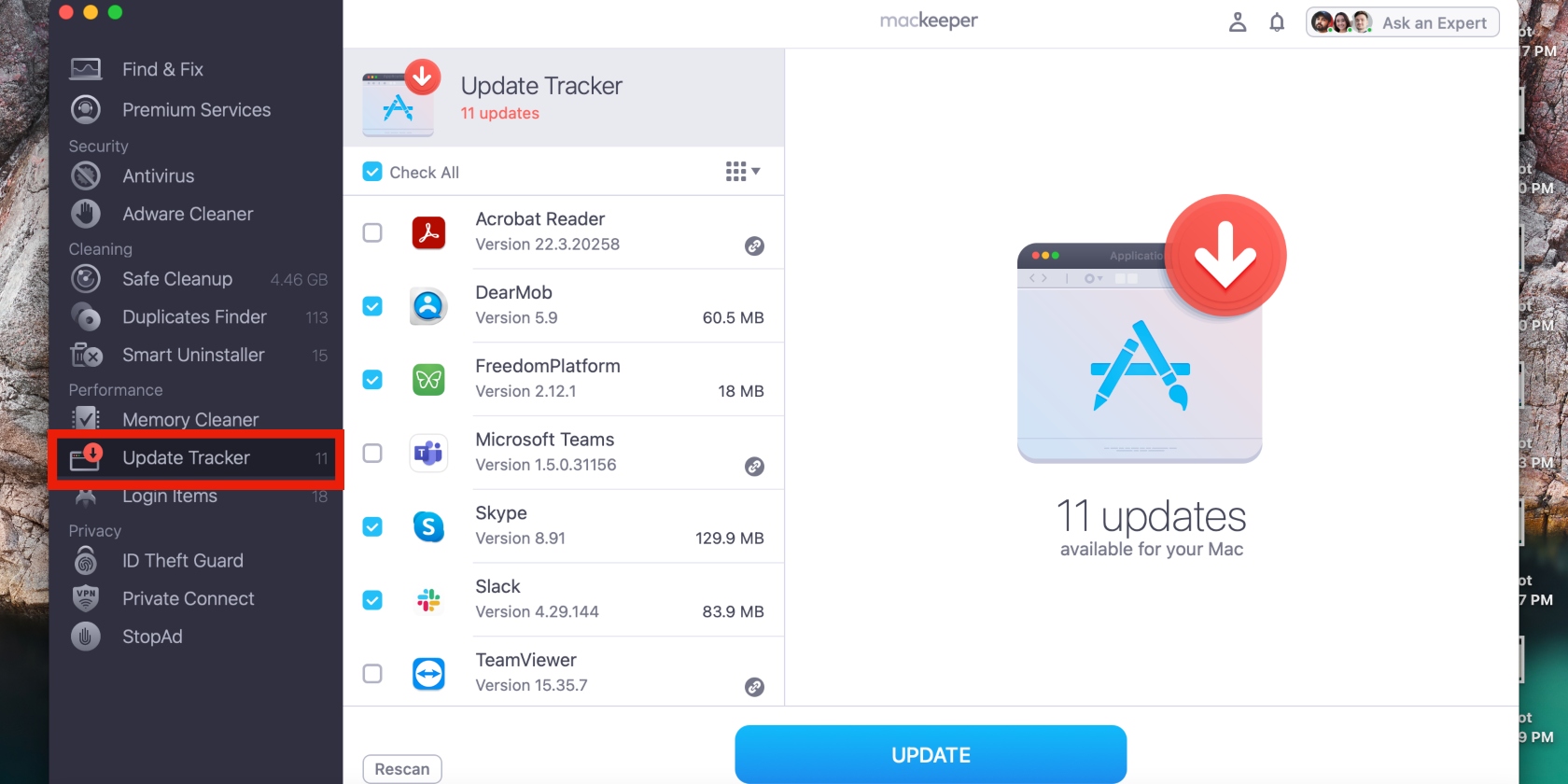 MacKeeper’s Update Tracker utility is shown on a MacBook device. Use it to update Roblox on your Mac with minimal effort.