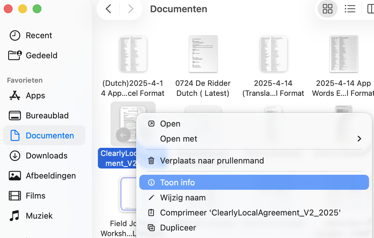 Als kopiëren en plakken niet werkt op je Apple Mac, klik je op het bestand of de map die je wilt bewerken en kies je Toon info om de eigenschappen weer te geven.