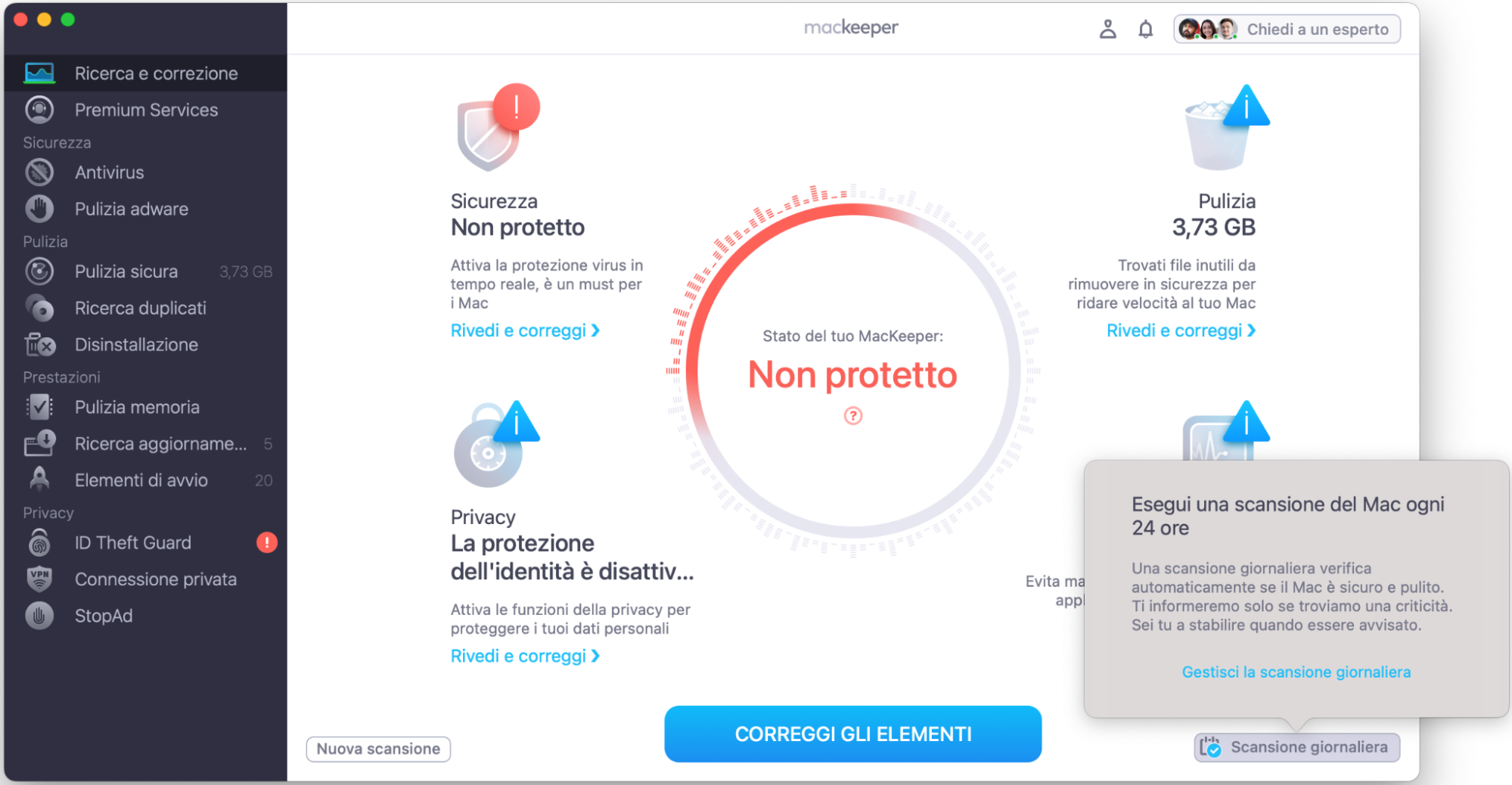 Clicca su Scansione giornaliera per attivare una scansione automatica del Mac ogni 24 ore. Riceverai una notifica se l’app trova qualcosa di critico.