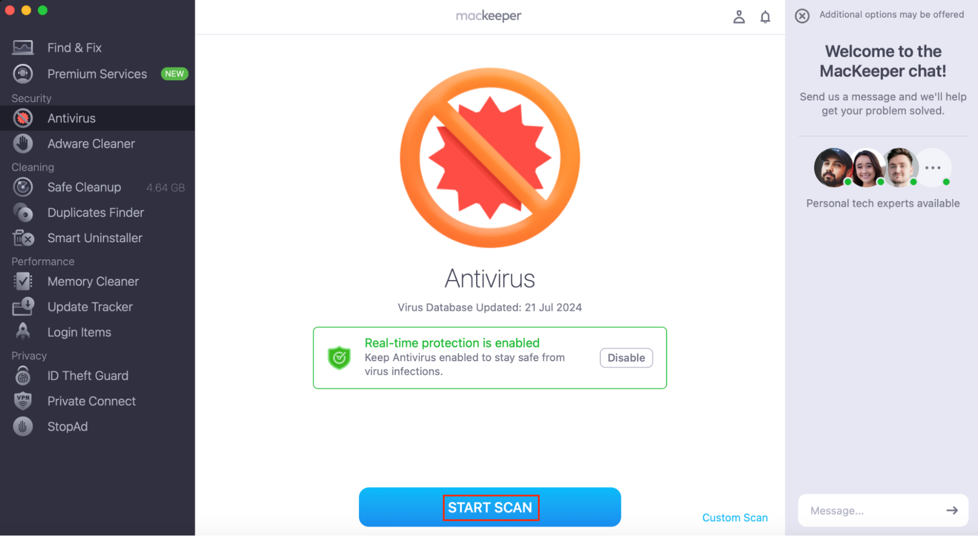 MacKeeper’s Antivirus before a scan. The Start Scan button is highlighted.