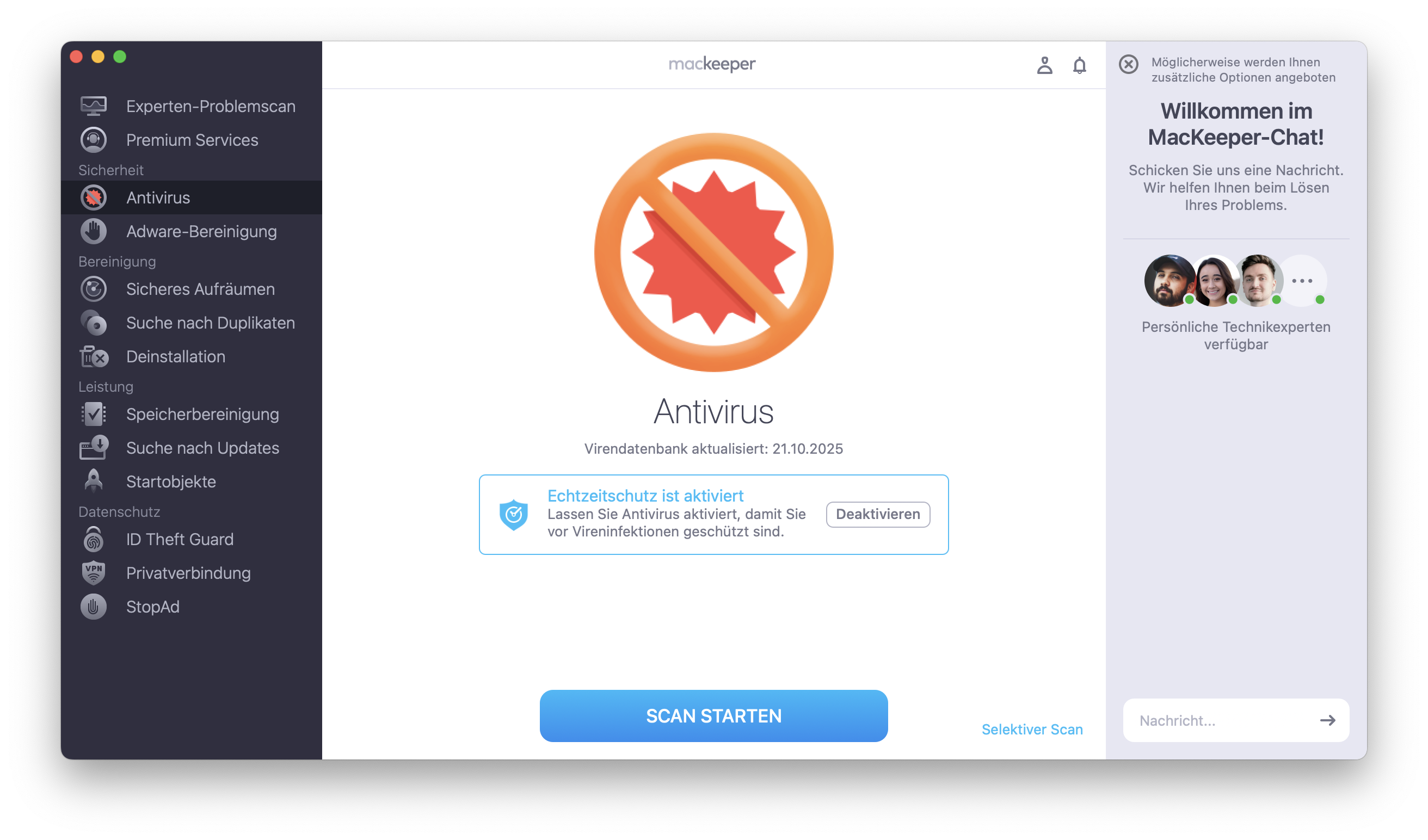 Schützen Sie Ihren Mac, indem Sie ihn mit dem Antivirus-Tool von MacKeeper auf Schadsoftware überprüfen. Öffnen Sie MacKeeper und gehen Sie zu Sicherheit > Antivirus, bevor Sie Scan starten auswählen.