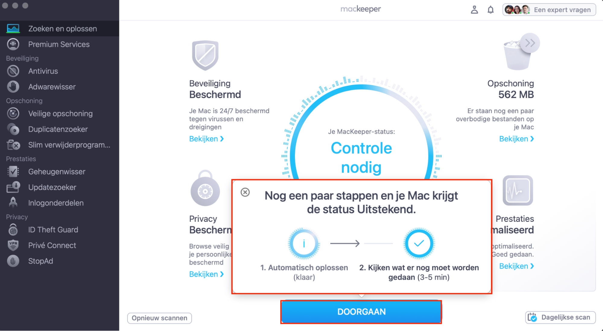 Klik op Ga door zodra de knop verschijnt. Je Mac richt zich vervolgens op het oplossen van de gevonden problemen. Hoelang dit duurt, hangt af van het aantal problemen dat moet worden opgelost.