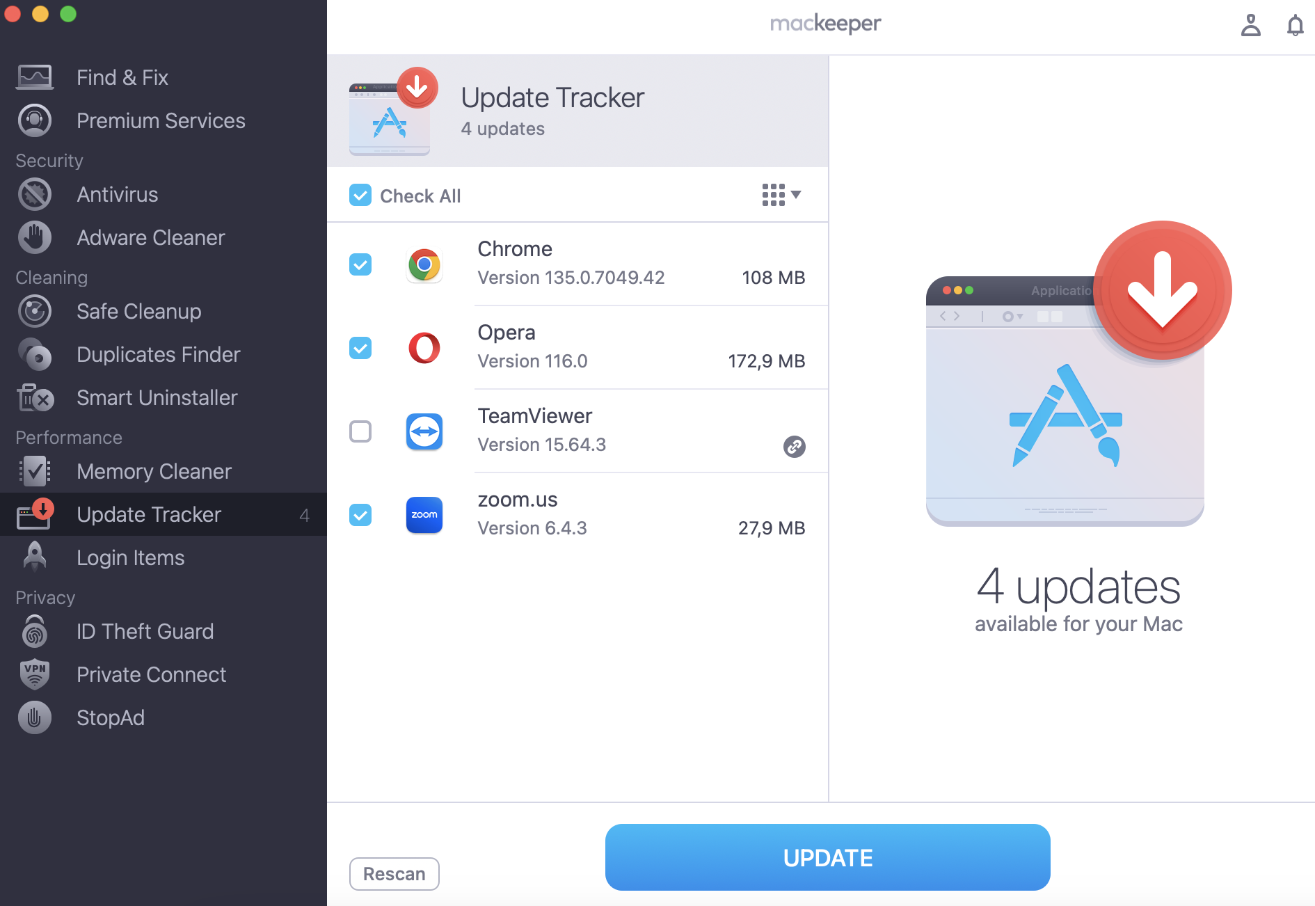 To continue with the update process on your Mac with MacKeeper, choose the apps by tickling the boxes next to them, and click Update.