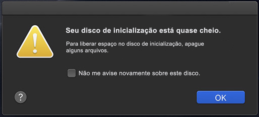 Um pop-up do macOS que diz Seu disco está quase cheio. Esse aviso aparece quando o disco de inicialização do seu Mac está com pouco espaço e você precisa remover alguns dados.