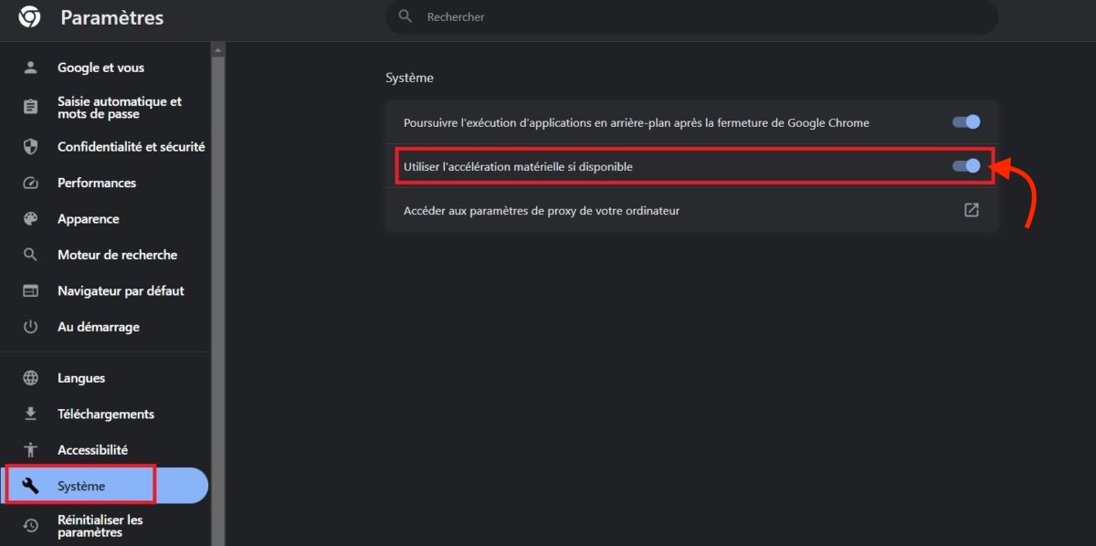 Désactivez l’option Utiliser l’accélération matérielle si disponible pour améliorer les performances de Chrome.
