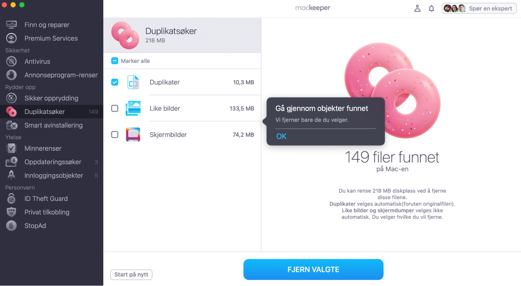 Se skanningsresultatene fra MacKeepers Duplikatsøker, velg de dupliserte filene du ikke lenger trenger, og klikk på Fjern valgte. Bekreft valget ditt ved å klikke på Fjern hvis du blir bedt om det.