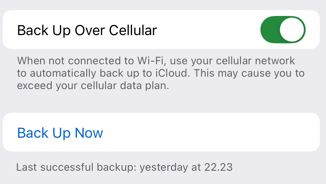 On the next page, you can select Back Up Now. Once you've done this, your device will then start backing everything up. You can choose to back up without Wi-Fi if needed.