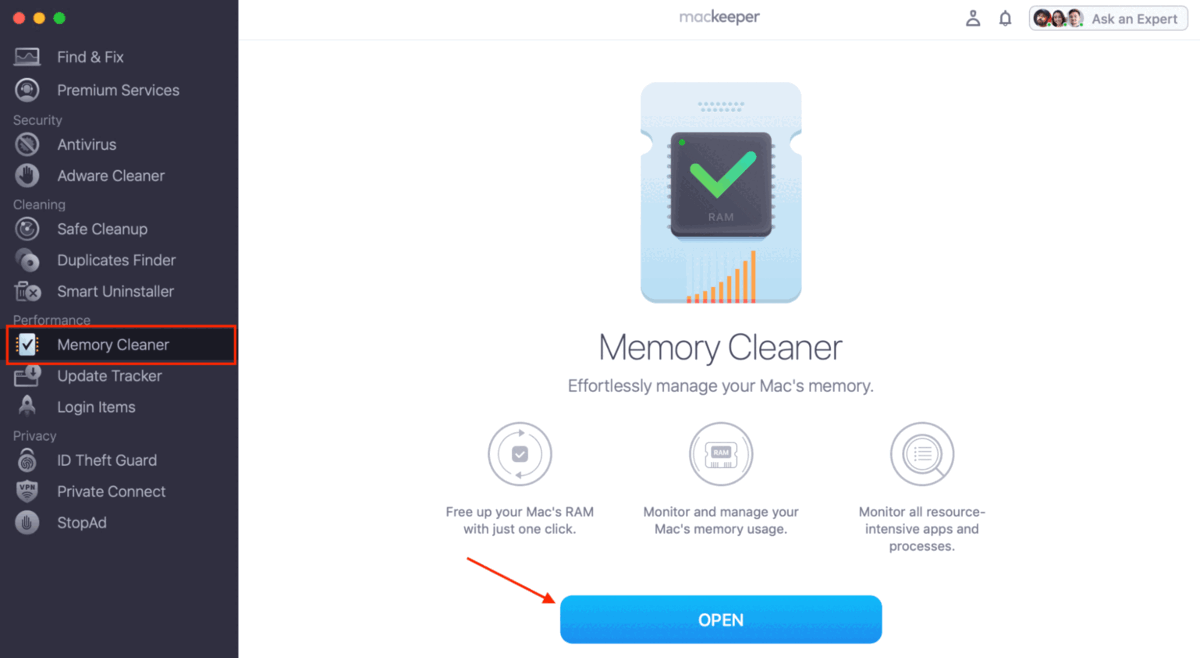 To help your Mac run more smoothly with MacKeeper’s Memory Cleaner, download the MacKeeper app from the official site and launch it. Find Memory Cleaner in the left sidebar, and click Open.