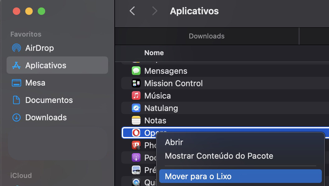 No Finder, vá para Aplicativos e selecione os aplicativos que você deseja Mover para o Lixo.