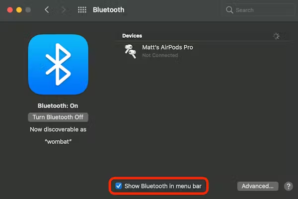 End up adding the Bluetooth icon to the Menu bar by enabling the Show Bluetooth in menu bar feature at the bottom of the window.