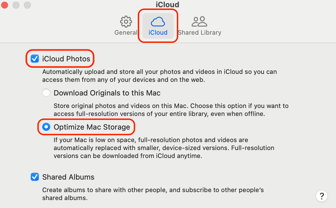 Go to the iCloud tab, enable iCloud Photos, and select Optimize Mac Storage to store smaller local copies and save space on your Mac.