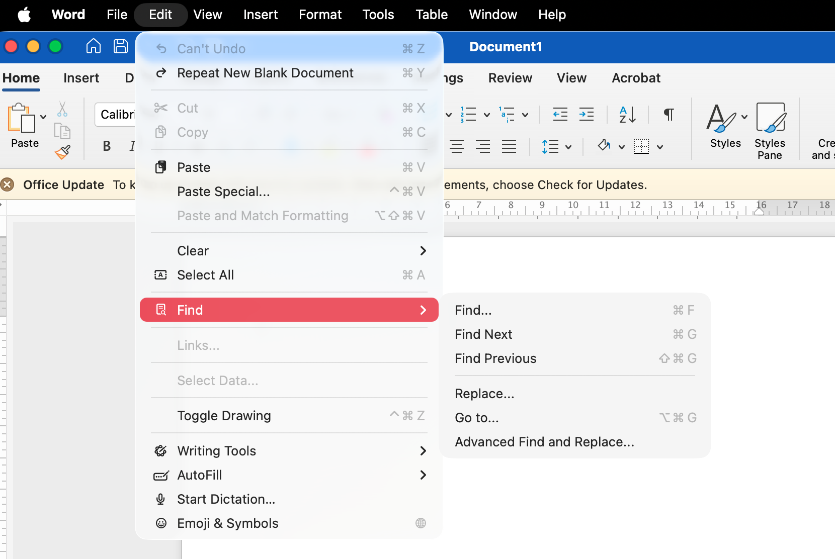 If you prefer to use your mouse, rather than a keyboard, then you can also search for words in pages using the menu option Edit > Find. This is what it looks like in Word.