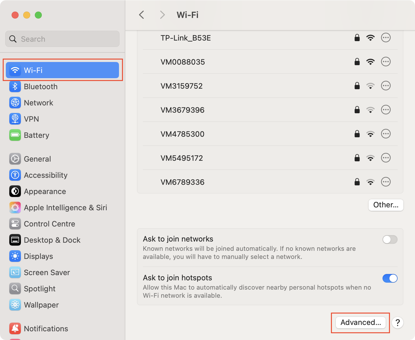 To remove a preferred network on Mac, go to System Settings, select Wi-Fi, and click Advanced.
