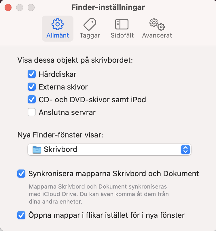 I fönstret Finder-inställningar klickar du på fliken Allmänt. Under 'Visa dessa objekt på skrivbordet', kontrollera att 'Externa skivor' är markerat.