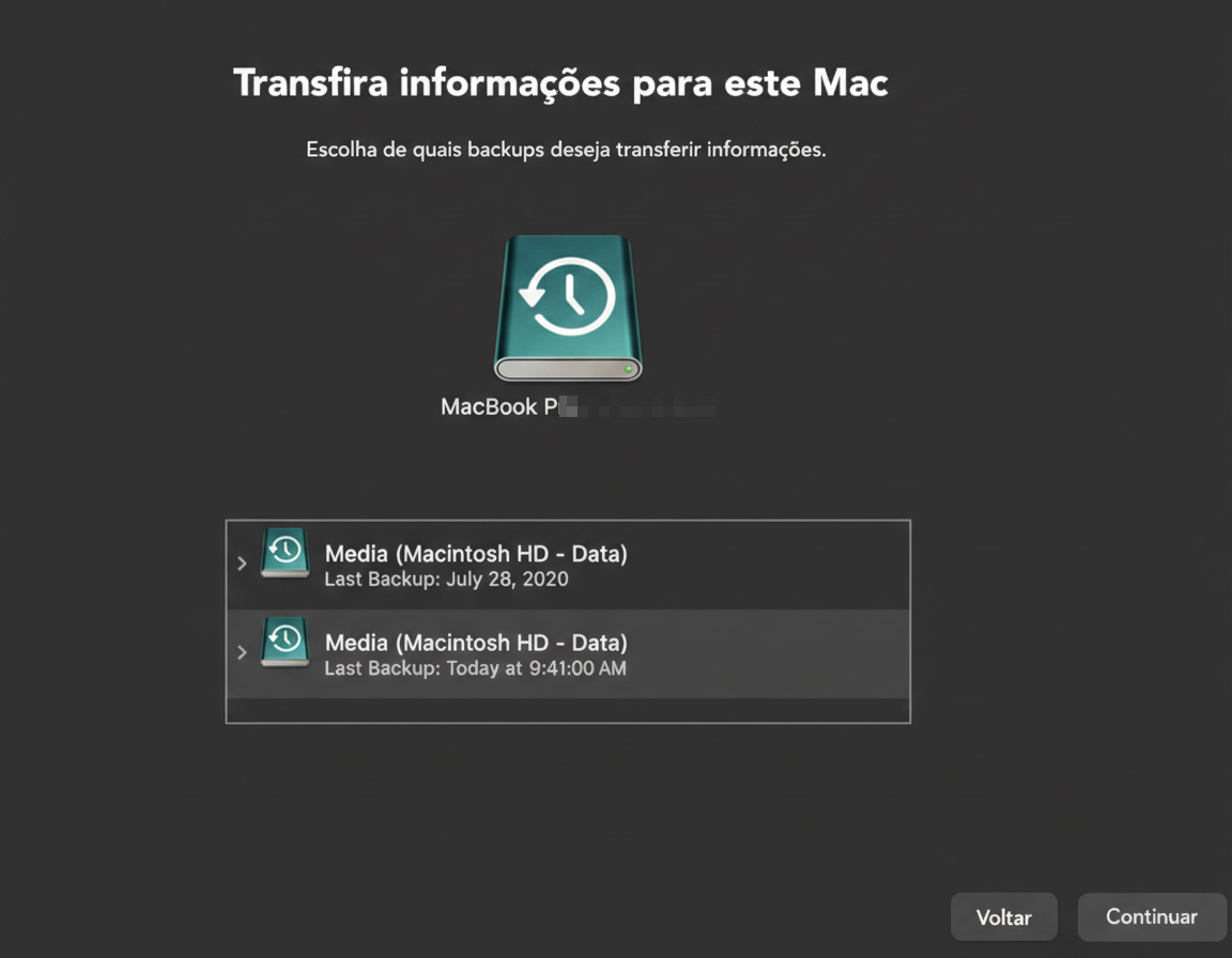 Escolha o backup do Time Machine que você quer para o seu Mac. Em seguida, toque em Continuar para iniciar o processo. Você precisará passar por mais uma etapa antes de finalizar tudo.