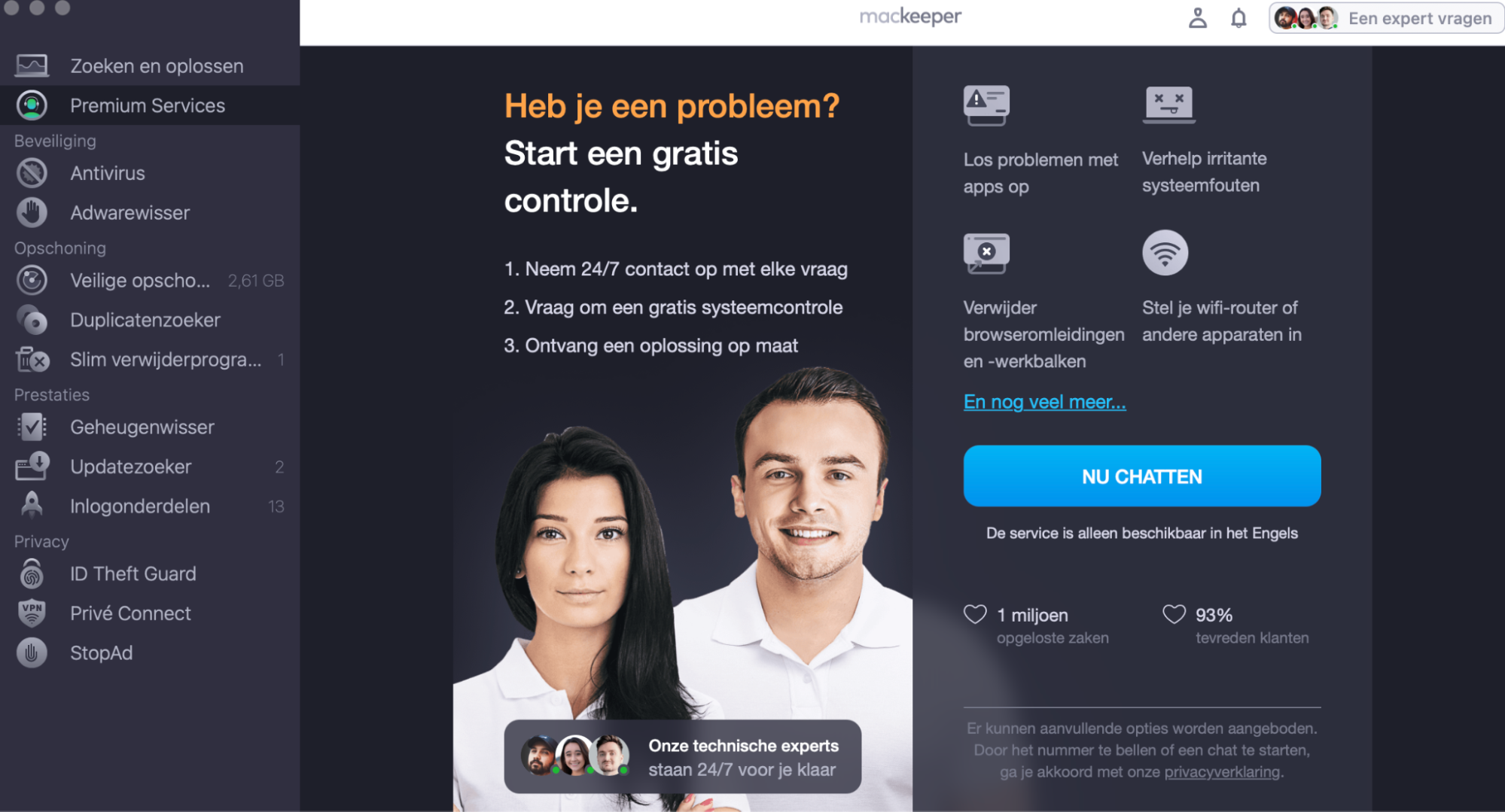 Om te leren hoe je je Mac kunt bijwerken, vraag je onze expert om hulp. Open MacKeeper en selecteer Premium Service. Klik op de knop Nu Chatten.