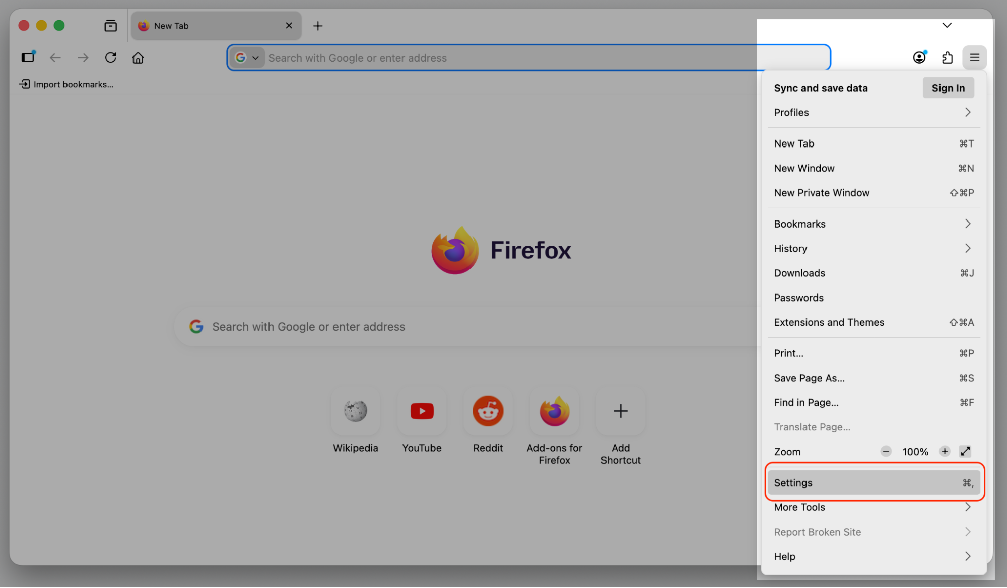 Firefox menu open on an iMac with the Settings option highlighted to reach the search and homepage options altered by the Chromium virus.