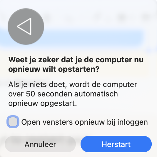 Nadat je op de knop Herstart hebt geklikt, verschijnt er een pop-up met de vraag of je wilt doorgaan. Kies opnieuw voor Herstart. Je Mac wordt vervolgens uitgeschakeld en weer opgestart.